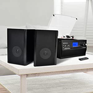 DIGITNOW Bluetooth Record Player Turntable with Stereo Speaker, CD Player,  Cassette, Radio, Aux in and SD Encoding, Remote Control, Audio Music Player