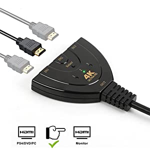 HDMI Switch 4K, Rybozen 3 Port HDMI Switcher 3 in 1 Out HDMI Splitter with High Speed Pigtail Cable
