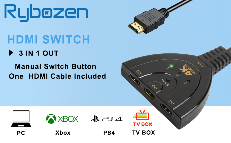 HDMI Switch 4K, Rybozen 3 Port HDMI Switcher 3 in 1 Out HDMI Splitter with High Speed Pigtail Cable