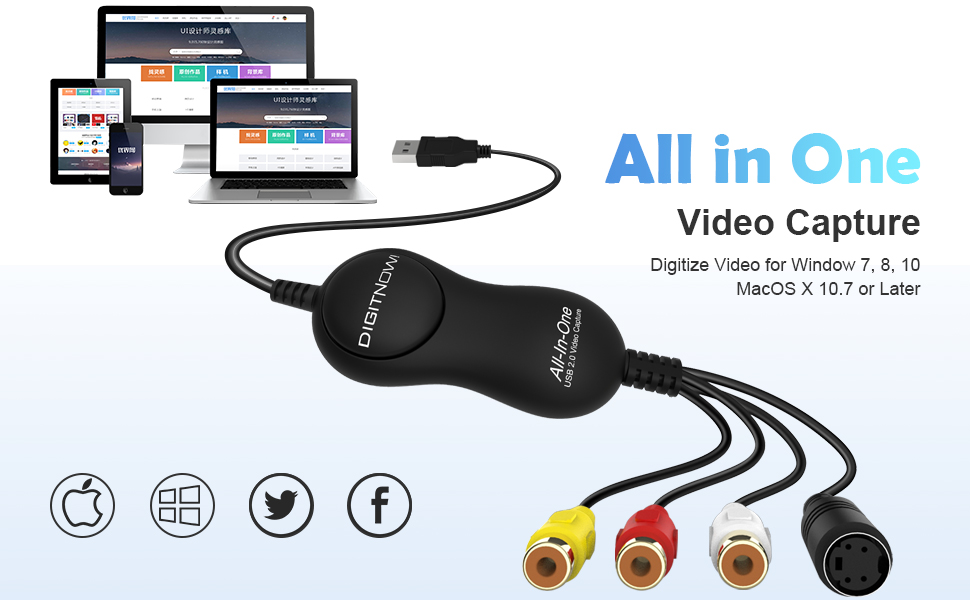 DIGITNOW Video To Digital Converter,Vhs to Digital Converter To Capture  Video From VCR's,VHS Tapes,Hi8,Camcorder,DVD, TV BOX and Gaming  Systems-Video Grabber with Panel-DIGITNOW!