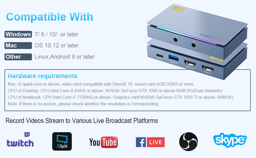 HDMI USB 3.0 capture card compatible to PC (Windows, Mac, Linux), no need to install a driver