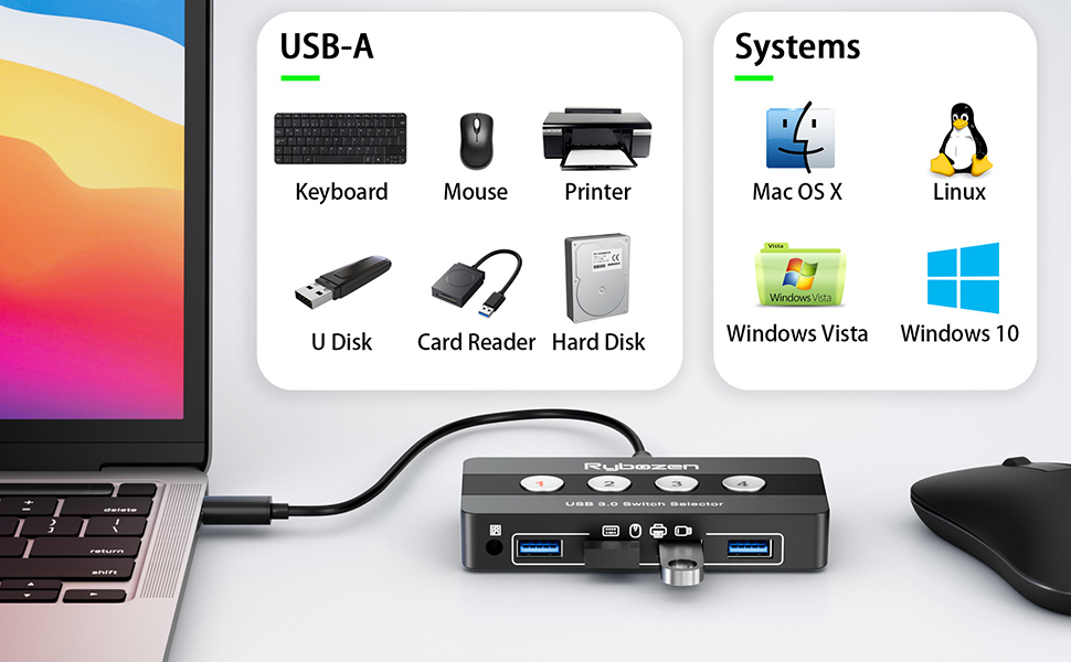 easily switch via push buttons with LED indicating the active computer within one second